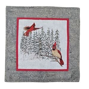 Hand Crafted Winter Scene with Gray Border and Red Cardinals Wall Hanging 18x18